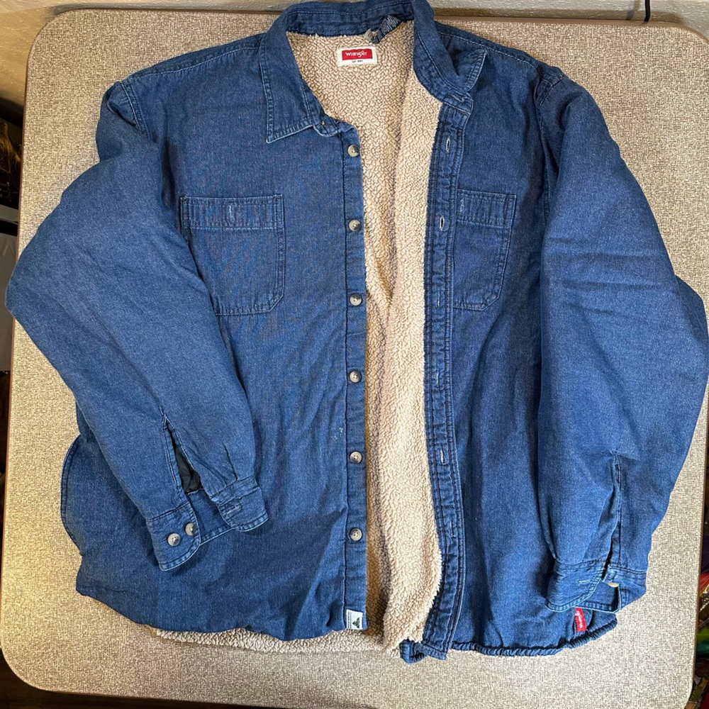 Vintage WRANGLER Mens 2XL Sherpa Lined Denim Button Down Shacket Shirt Jacket